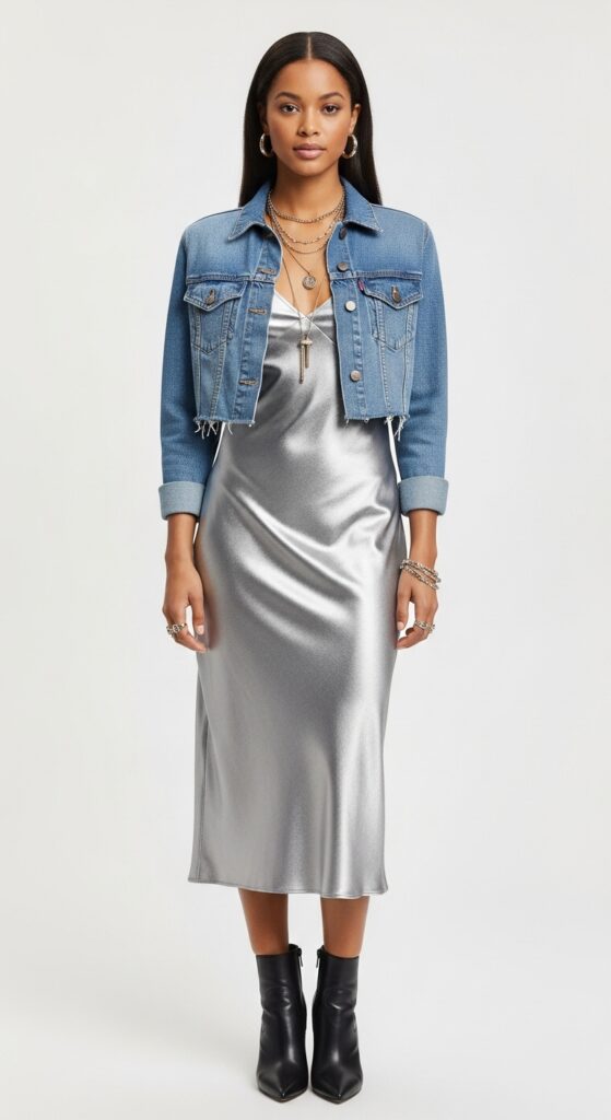 Soulful Glam Metallic Slip Dress & Denim Jacket