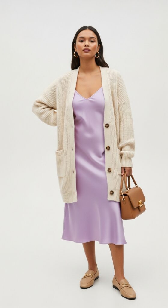 London Outfit Guide: 31 Chic Looks for U.S. Women in 2025 6 Southbank Chic Lavender Slip Dress & Cardigan