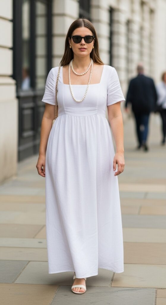 London Outfit Guide: 31 Chic Looks for U.S. Women in 2025 27 Southbank Elegance White Linen Maxi & Pearls
