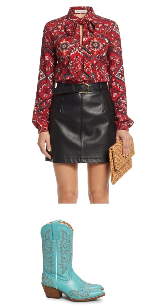Southwestern Chic Patterned Blouse & Leather Skirt
