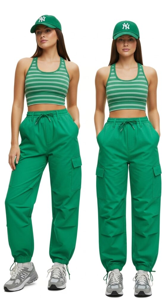 20 Green Pants Outfits to Elevate Your Style 22 Sporty Chic Green Striped Sports Bra & Green Cargo Pants