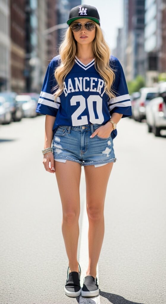 10 Rap Concert Outfit Ideas to Look Fly and Stylish 6 Sporty Jersey and Denim Shorts