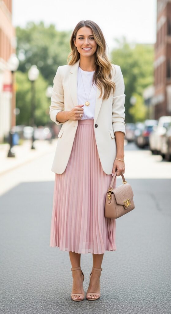28 Pleated Skirt Outfits to Nail Effortless Chic 15 Spring Meeting Cream Blazer & Light Pink Pleated Midi