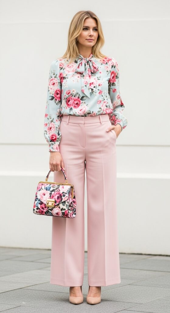 25 Pink Pants Outfits to Steal the Spotlight 24 Spring Wedding Floral Blouse & Blush Pink Trousers