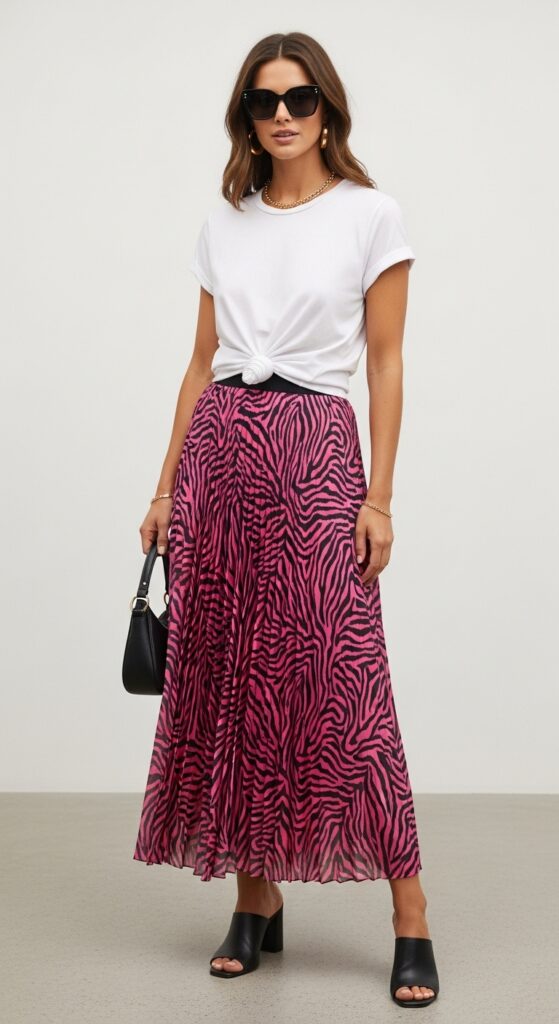 28 Pleated Skirt Outfits to Nail Effortless Chic 24 Spring Wedding White T-Shirt & Pink Zebra Print Maxi