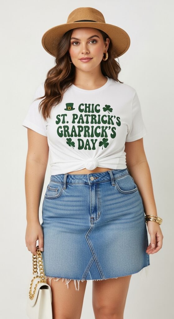 12 Chic Plus-Size St. Patrick’s Day Outfits You’ll Love 9 St. Patrick’s Day Graphic Tee and Denim Skirt Fun and Playful