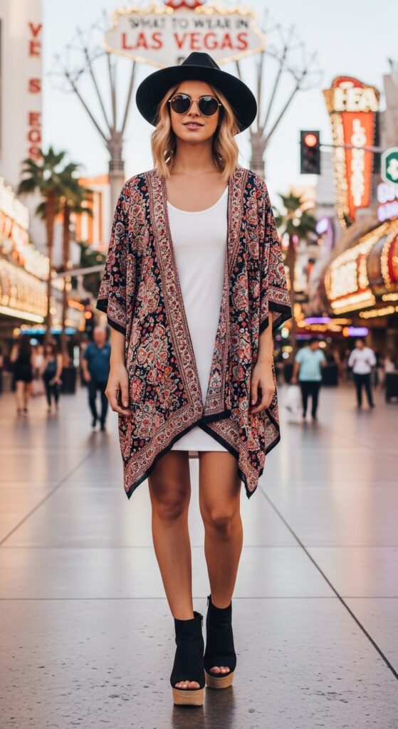 What to Wear in Las Vegas: 20 Perfect Outfit Ideas for Every Event and Occasion 22 Statement Kimono Over a Dress for Extra Style