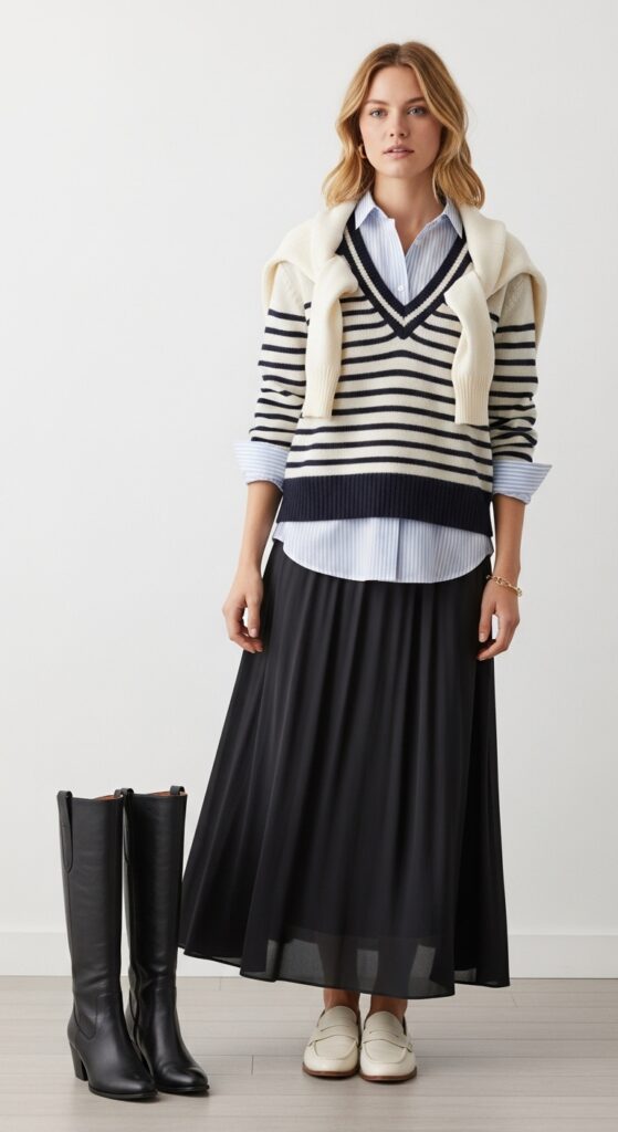 22 Chic Knitted Sweater Outfit Ideas You Need to Try 21 Striped Shirt + V-Neck Sweater + Maxi Skirt