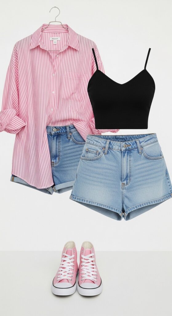 21 Stylish Denim Shorts Outfit Ideas 23 Striped Shirt and High-Tops