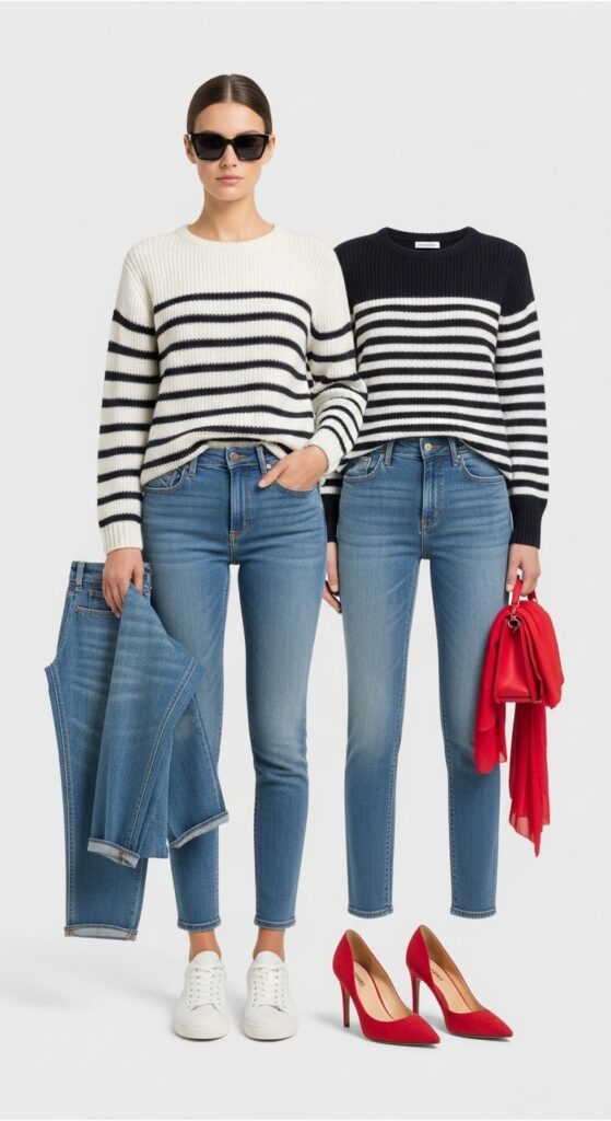 22 Chic Knitted Sweater Outfit Ideas You Need to Try 8 Striped Sweater + Jeans