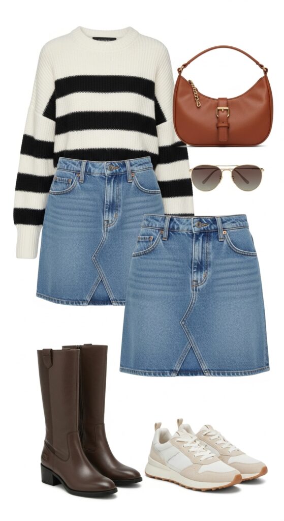 20 Cozy and Chic Sweater Outfit Ideas You’ll Want to Wear All Season Long 12 Striped Sweater and Denim Skirt