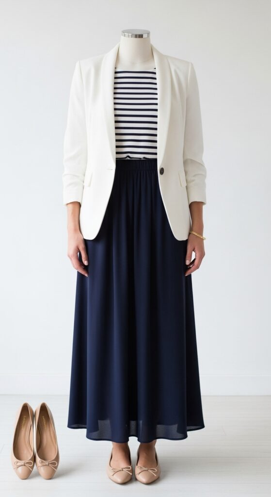 20 Chic White Blazer Outfits to Elevate Your Style 18 Striped Top with Navy Skirt