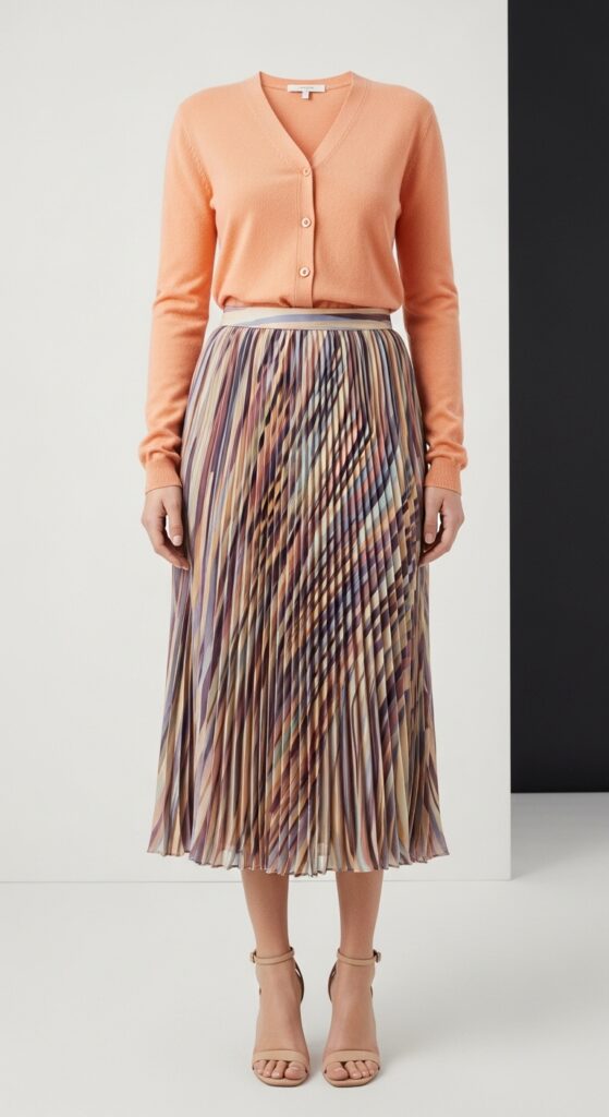 28 Pleated Skirt Outfits to Nail Effortless Chic 26 Summer Festival Peach Cardigan & Multicolor Pleated Midi