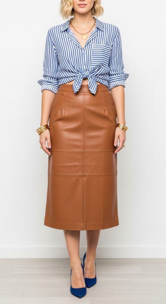 22 Leather Skirt Outfits for an Edgy, Cool Vibe 24 Summer Party Blue Striped Shirt & Tan Leather Midi