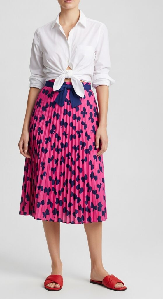 28 Pleated Skirt Outfits to Nail Effortless Chic 21 Summer Party White Button-Up & Hot Pink Bow Skirt