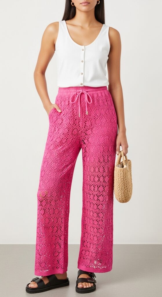 25 Pink Pants Outfits to Steal the Spotlight 21 Summer Party White Tank & Pink Crochet Pants