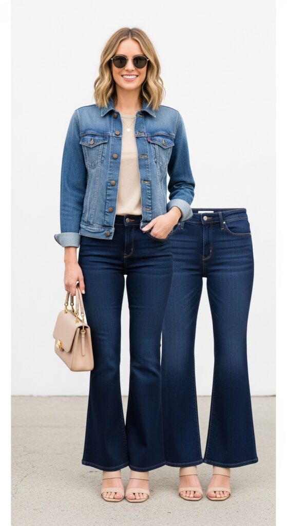 18 Flare Jeans Outfits for U.S. Women in 2025 7 Sustainable Casual Upcycled Denim Jacket & Navy Flares
