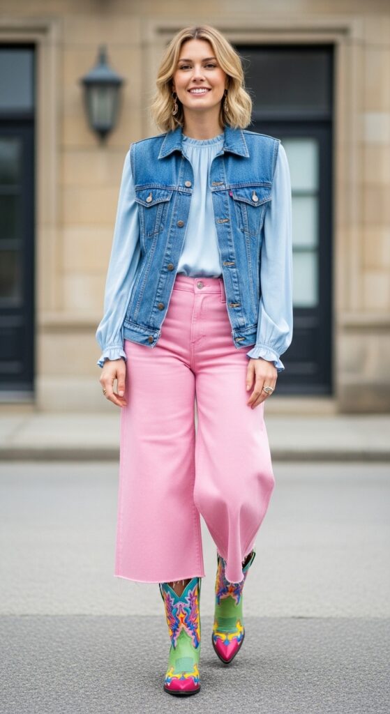 25 Pink Pants Outfits to Steal the Spotlight 7 Sustainable Casual Upcycled Denim Vest & Pink Pants