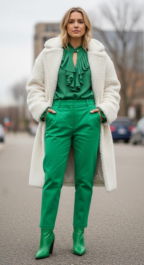 20 Green Pants Outfits to Elevate Your Style 7 Sustainable Casual Upcycled Fuzzy Coat & Green Pants