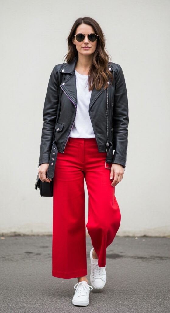19 Red Pants Outfits to Ignite Your Style 7 Sustainable Casual Upcycled Leather Jacket & Red Pants
