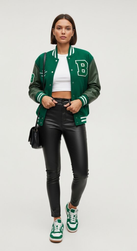 20 Leather Pants Outfits to Slay Every Occasion 7 Sustainable Casual Upcycled Varsity Jacket & Black Leather Leggings