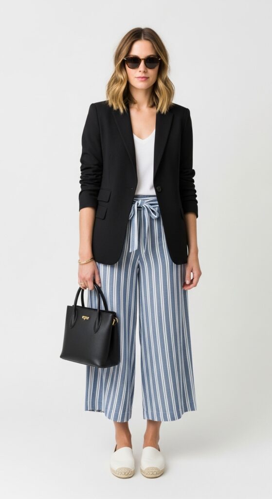 Sustainable Chic Upcycled Blazer & Blue Striped Pants