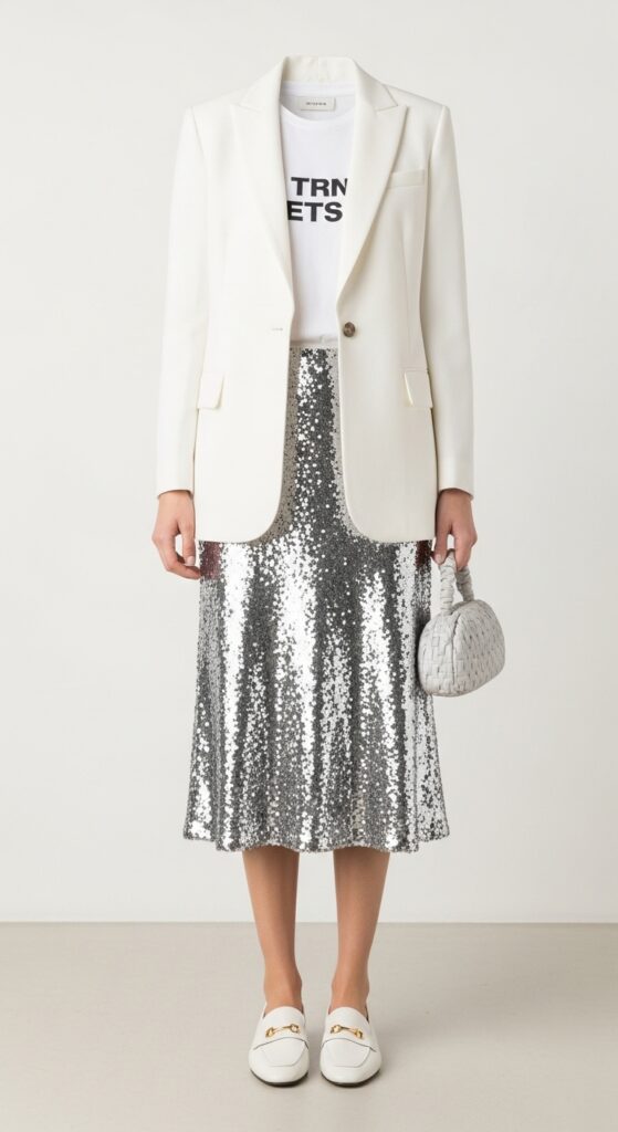 18 Stunning Sequin Skirt Outfits for U.S. Women in 2025 11 Sustainable Chic Upcycled Blazer & Silver Sequin Midi