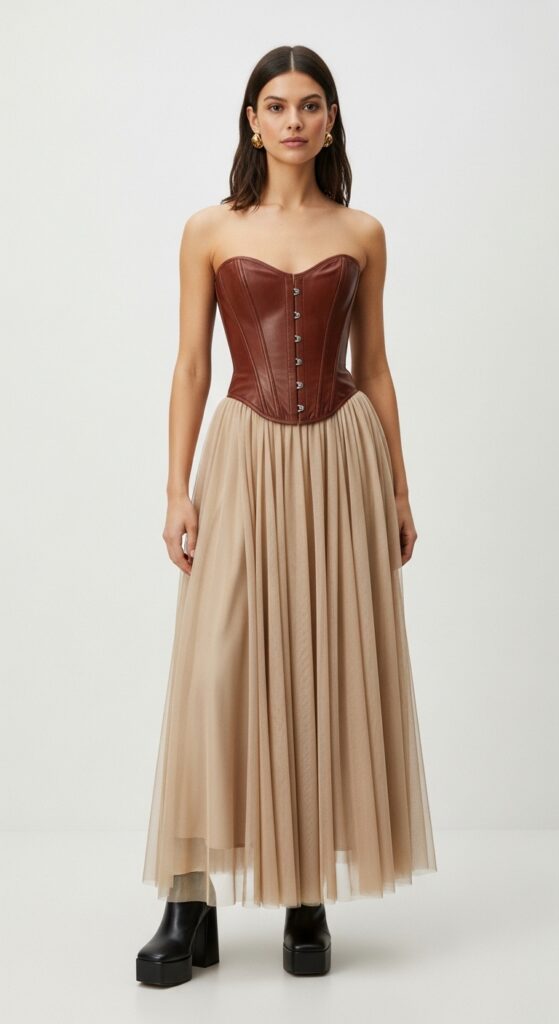 21 Stunning Tulle Skirt Outfit Ideas for U.S. Women in 2025 12 Sustainable Chic Upcycled Corset & Beige Tulle Maxi