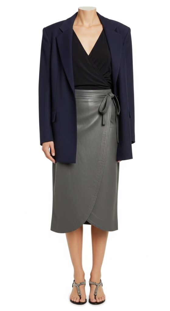 22 Leather Skirt Outfits for an Edgy, Cool Vibe 12 Sustainable Office Upcycled Blue Blazer & Gray Leather Wrap