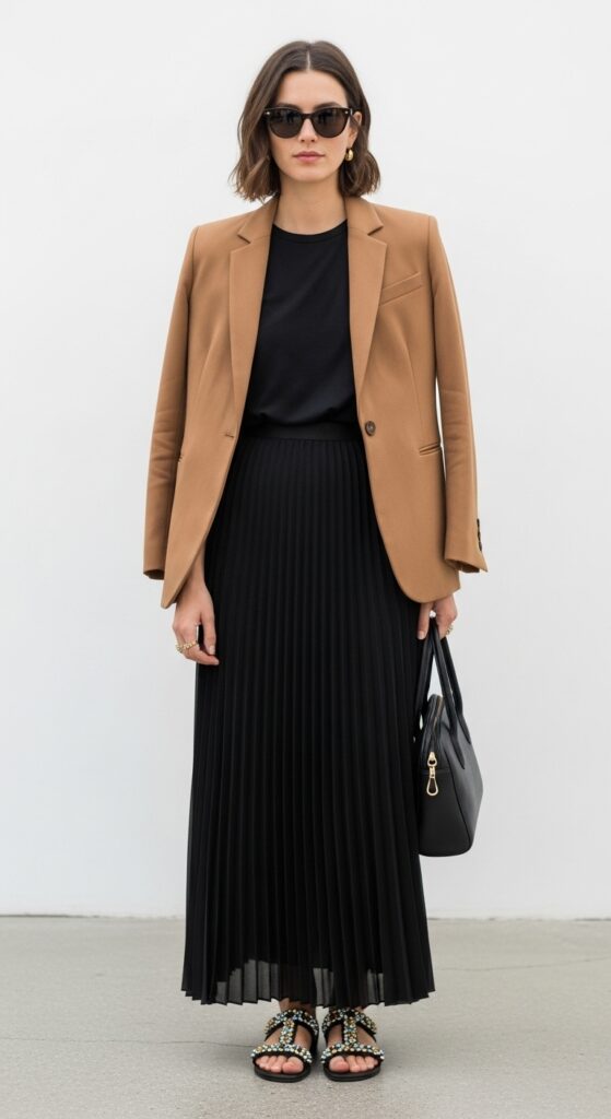 28 Pleated Skirt Outfits to Nail Effortless Chic 12 Sustainable Office Upcycled Camel Blazer & Black Pleated Maxi