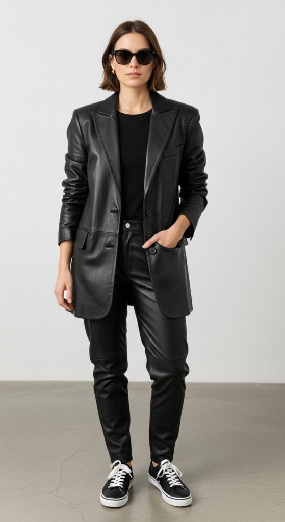 20 Leather Pants Outfits to Slay Every Occasion 11 Sustainable Office Upcycled Leather Blazer & Black Leather Pants