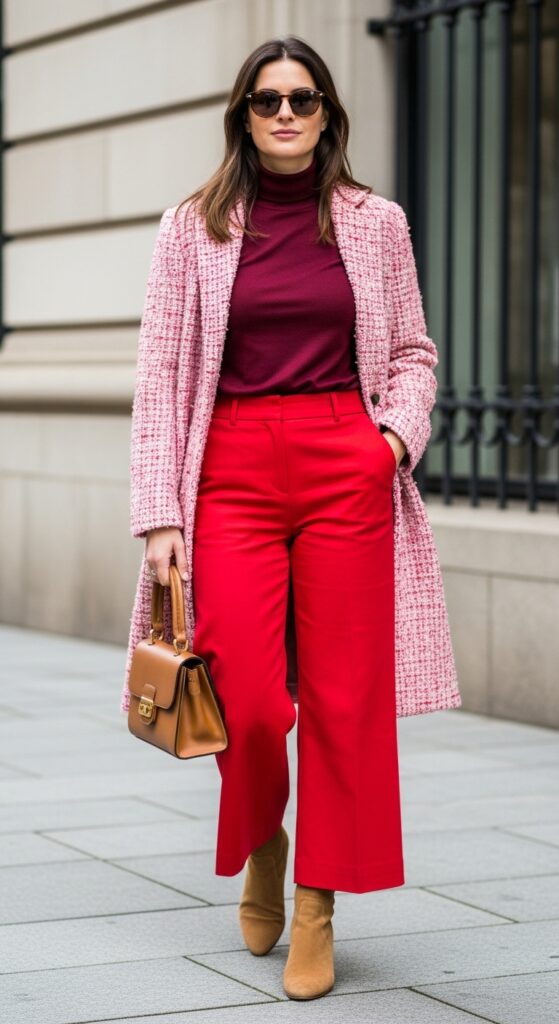 19 Red Pants Outfits to Ignite Your Style 11 Sustainable Office Upcycled Pink Coat & Red Trousers