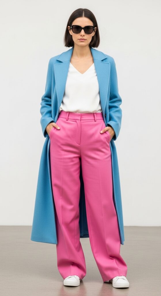 25 Pink Pants Outfits to Steal the Spotlight 12 Sustainable Office Upcycled Sky Blue Coat & Pink Pants