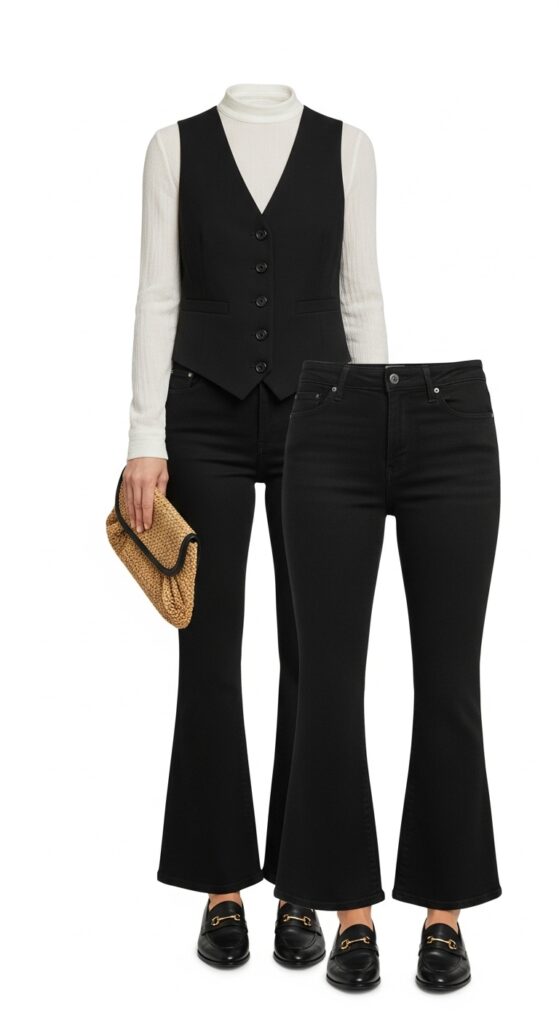18 Flare Jeans Outfits for U.S. Women in 2025 11 Sustainable Office Upcycled Vest & Black Flares