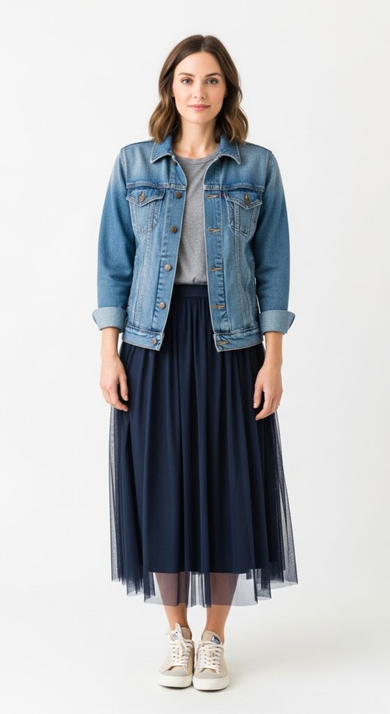 21 Stunning Tulle Skirt Outfit Ideas for U.S. Women in 2025 7 Sustainable Style Upcycled Denim Jacket & Navy Tulle Midi