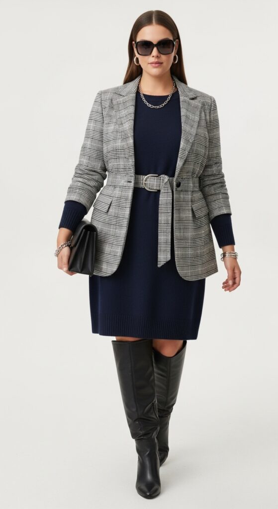 24 Plus Size Casual Winter Fashion Outfits That Celebrate Your Curves 16 Sweater Dress & Blazer Combo