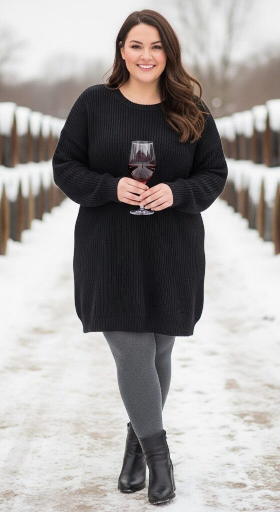 11 Plus Size Winter Winery Outfits (Taste Wine in Style) 10 Sweater Dress & Tights