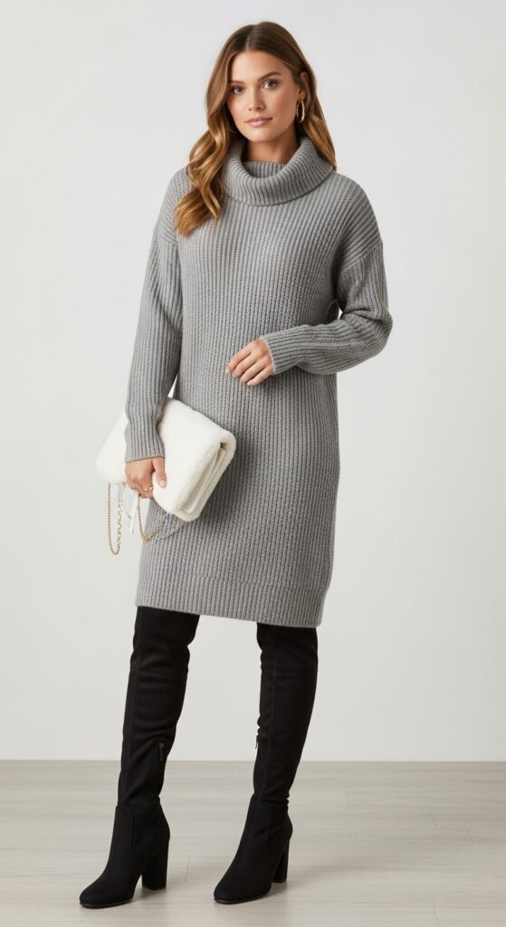 20 Cozy and Chic Sweater Outfit Ideas You’ll Want to Wear All Season Long 19 Sweater Dress and Knee-High Boots