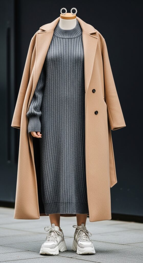 20 Bold Chunky Sneaker Outfits for a Standout Look 11 Sweater Dress and Long Coat