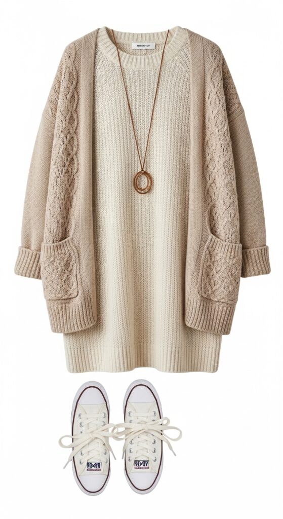 24 Trendy Converse Sneaker Outfits for Every Vibe 21 Sweater Dress and Long Necklace