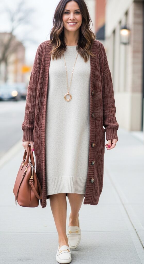 23 Stylish Loafer Outfits for Effortless Elegance 24 Sweater Dress and Long Necklace