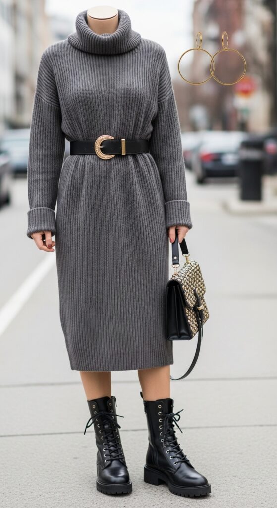 18 Bold Combat Boot Outfits to Slay Your Style This Season 12 Sweater Dress and Statement Belt