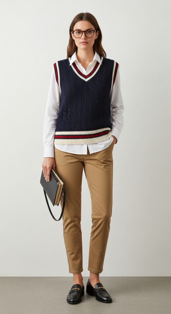 23 Stylish Loafer Outfits for Effortless Elegance 18 Sweater Vest and Chinos