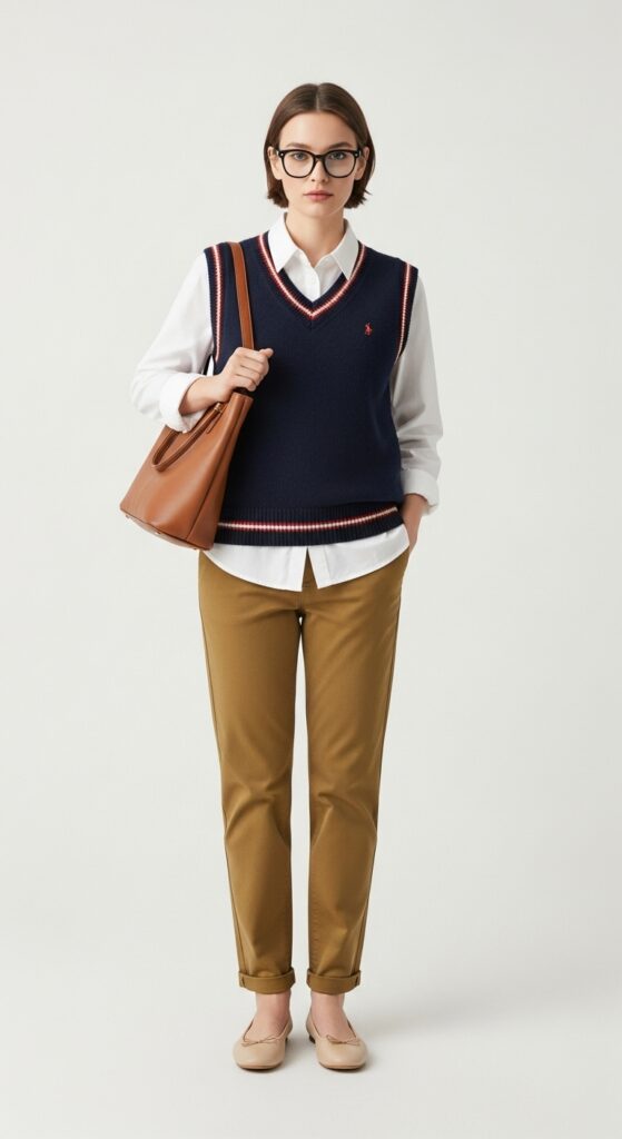 21 Feminine Ballet Flat Outfits for Classic and Modern Looks 17 Sweater Vest and Chinos