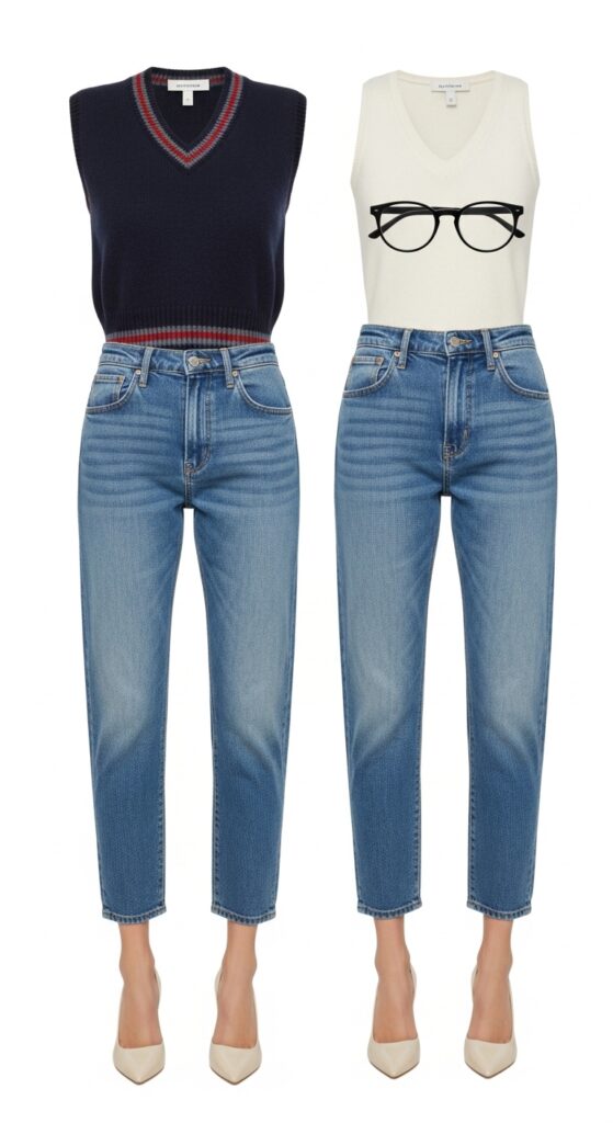 14 Trendy Boyfriend Jeans Outfits for Pinterest-Perfect Style 13 Sweater Vest and Kitten Heels