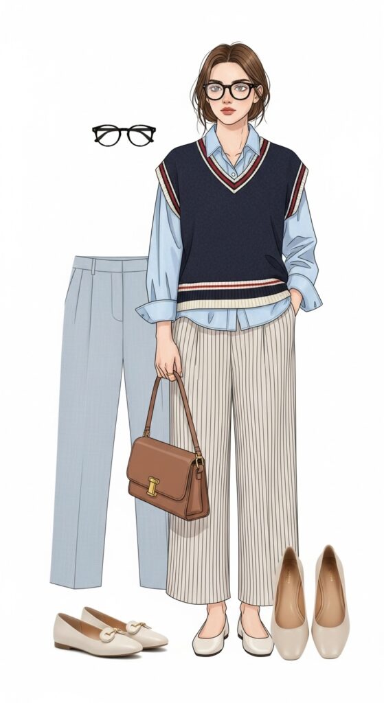 20 Stylish Flat Shoe Outfits to Inspire Your Wardrobe 18 Sweater Vest and Pleated Trousers