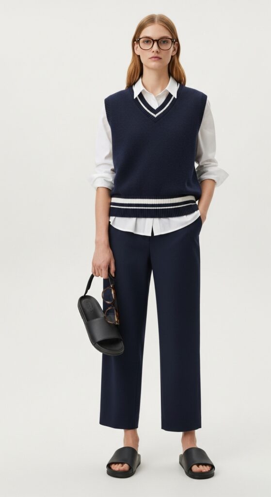 15 Stylish Navy Pants Outfits for Effortless Elegance 15 Sweater Vest and Slide Sandals