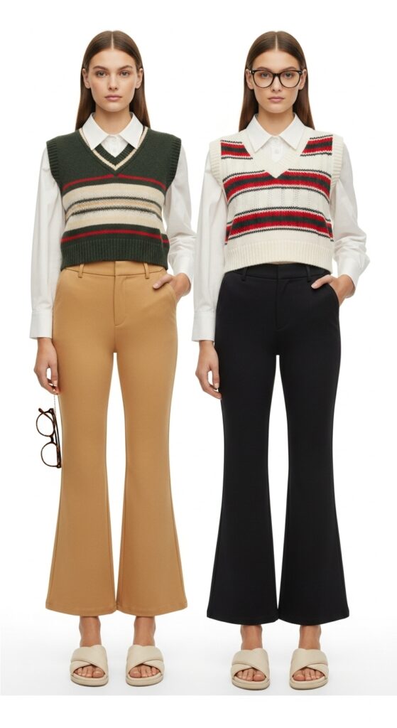 15 Chic Flare Pants Outfits to Elevate Your Wardrobe with Chic Season Style 15 Sweater Vest and Slide Sandals