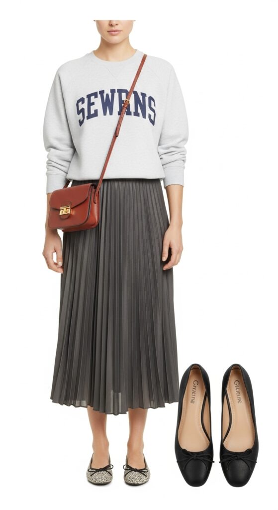 20 Stylish Flat Shoe Outfits to Inspire Your Wardrobe 9 Sweatshirt and Pleated Skirt