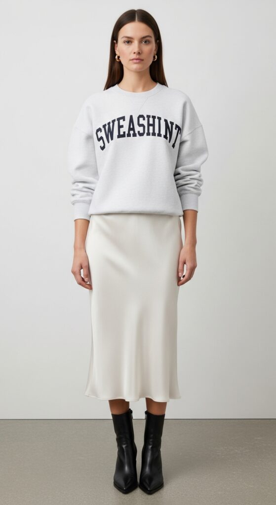 18 Stylish Sweatshirt Outfits to Elevate Your Everyday Look 6 Sweatshirt and Silk Slip Skirt